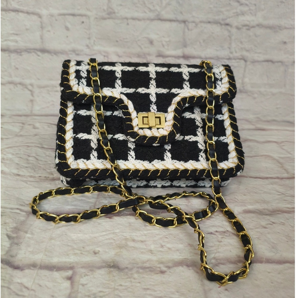 Unbranded Black White Tweed Plaid Crossbody Bag Gold Chain Strap